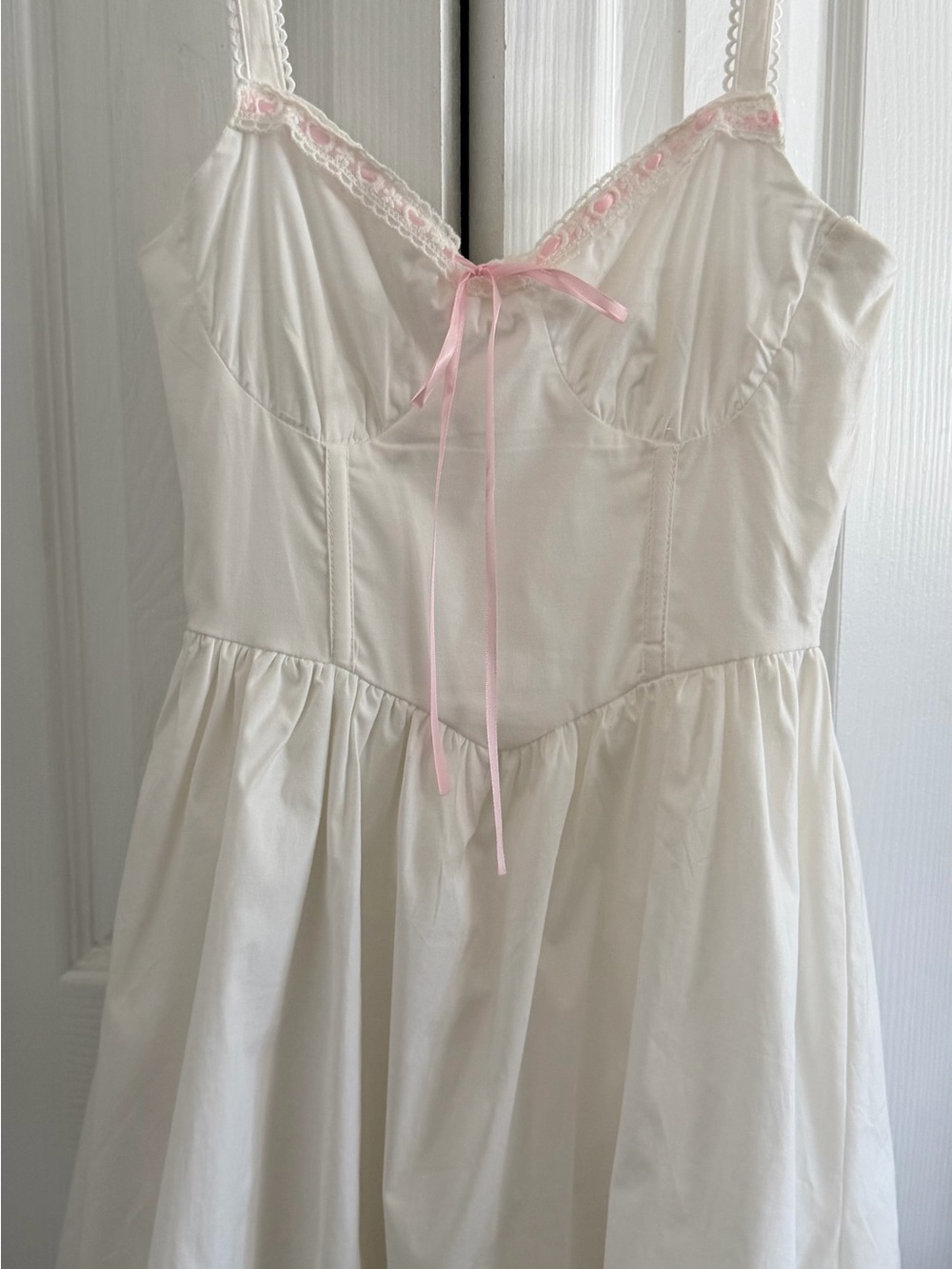 Altar'd State White Mini Dress with Pink Ribbon and Scalloped Trim XXS